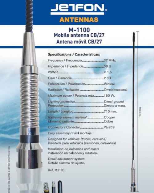 Jetfon M-1100 Antena CB / 27 Móvil para bases PL