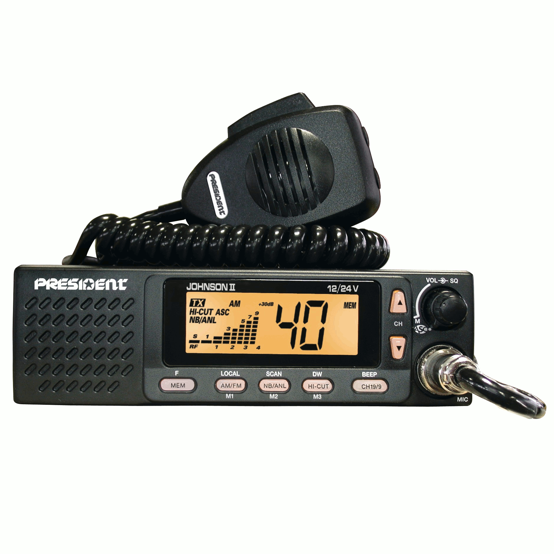 President Johnson II ASC emissora CB 40 canals AM/FM altaveu frontal 12/24V